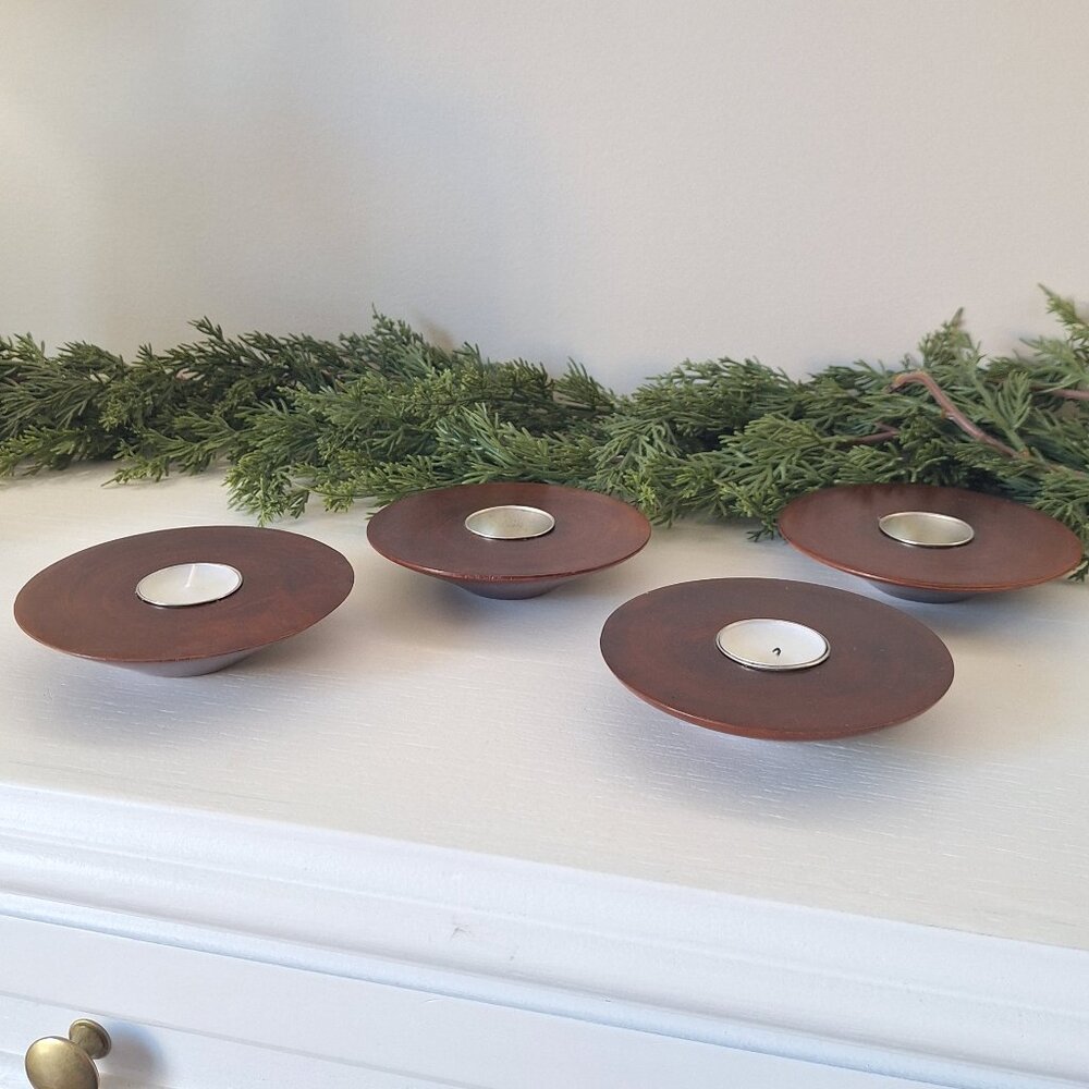 Set of 4 wood tealight candle holders vintage wooden round
